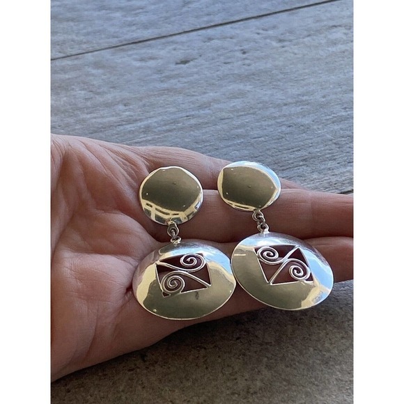 925 SU Sterling Silver Earrings Dangles Drops Vintage Circles Art Deco - Picture 6 of 10